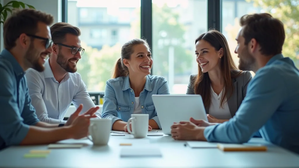 Startup team strategizing branding concepts with laptops, coffee mugs, and post-it notes using startup branding tips in a collaborative, sunlit workspace