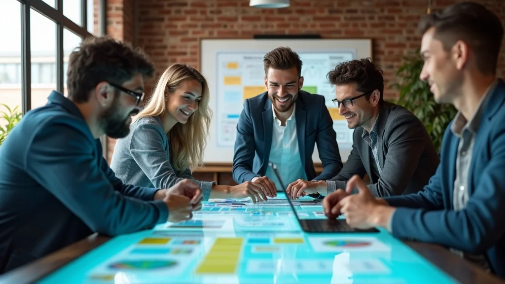 Group of professionals collaborating around a digital table displaying charts and data, emphasizing teamwork and strategic planning for startup growth.