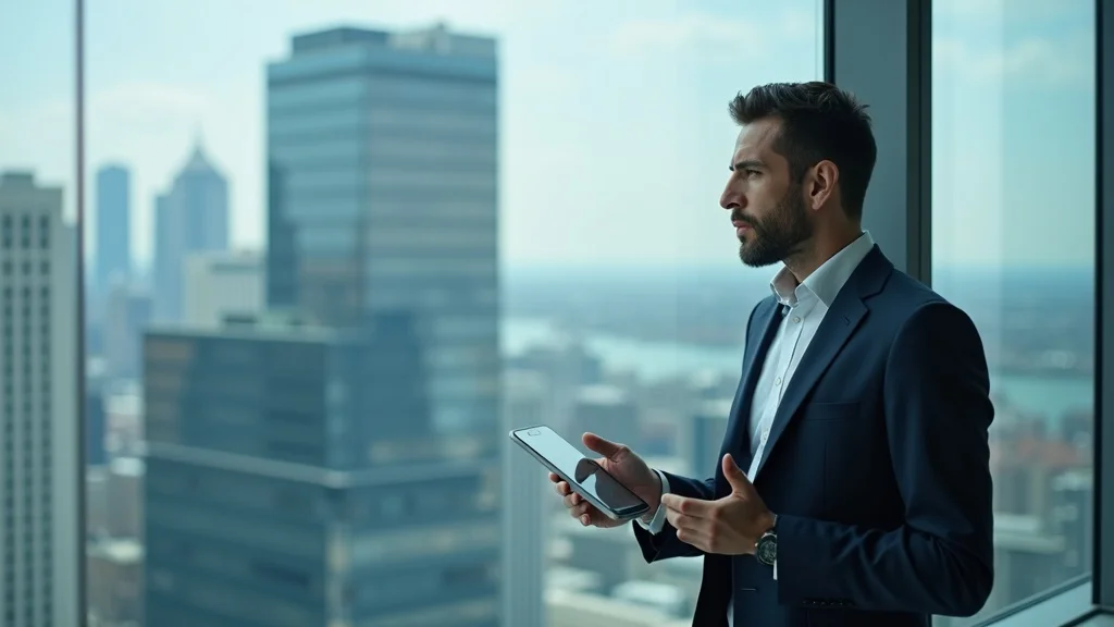 Business leader considering startup growth strategies with city skyline view in a modern office