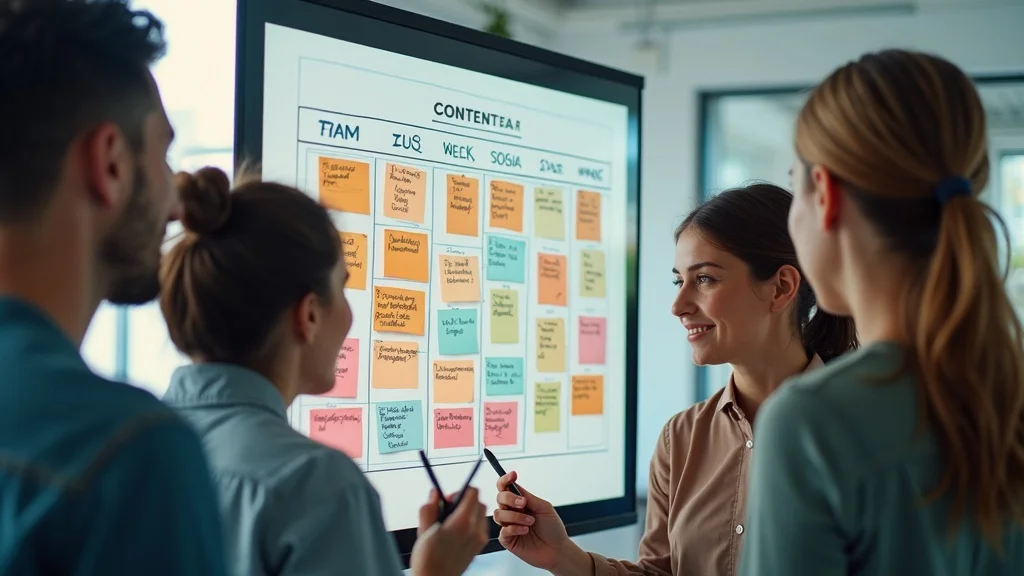 Group of startup team members collaborating around a digital content calendar, discussing strategies for consistent content creation and engagement.
