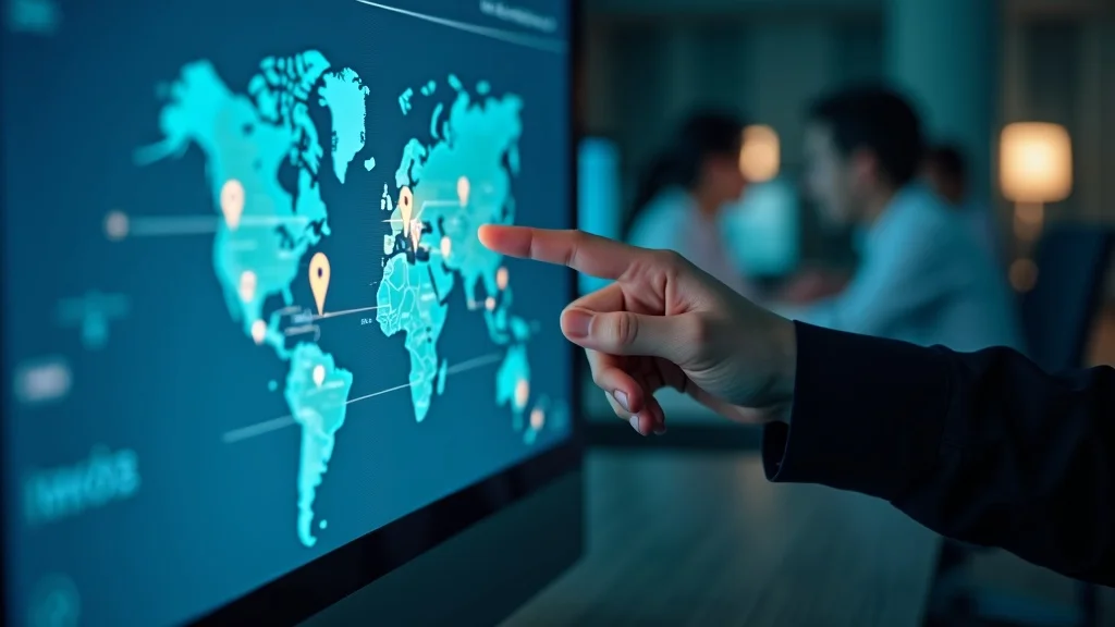 Hand pointing at a digital world map on a screen, highlighting locations with markers, in a modern office setting, illustrating global reach and data visualization for SEO strategies.