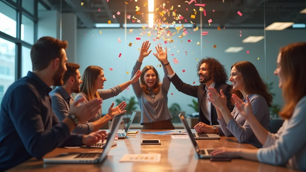 Startup team celebrating business milestone; startup growth strategies success in a modern urban office