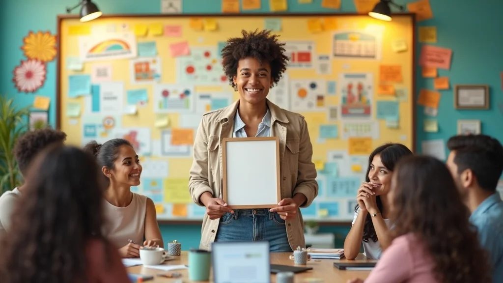 Startup growth strategies: inspired young founder leading a passionate team with vision board in a creative, lively office