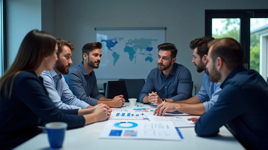 Group of professionals discussing SEO content marketing strategies in a meeting room, with charts and graphs on the table, emphasizing collaboration for home service business growth in Orange County.