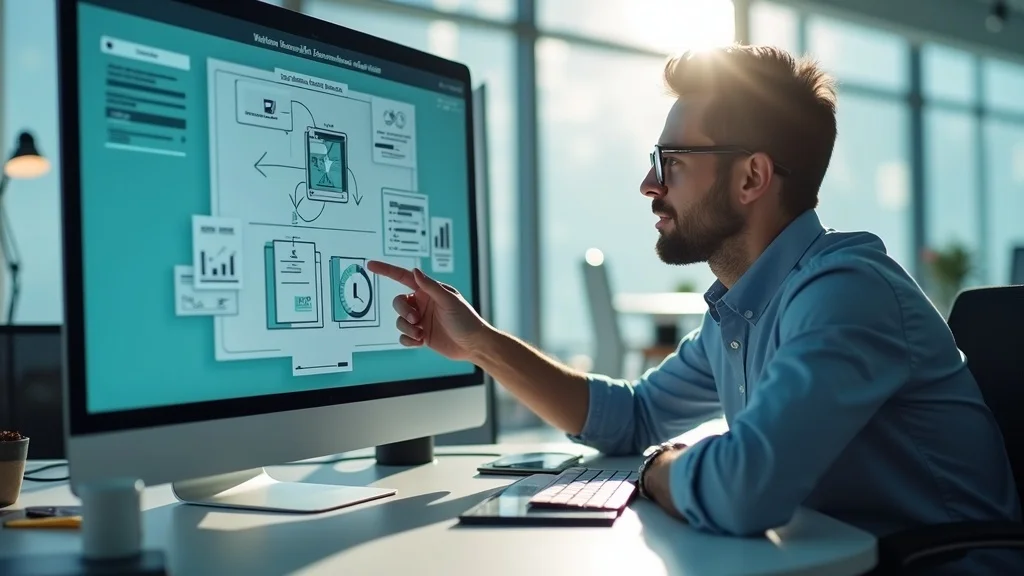 Man pointing at a computer screen displaying a workflow diagram with charts and documents, illustrating strategic differentiation for startups.