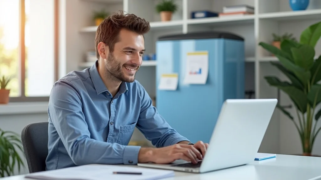 Smiling man working on a laptop in a bright office, emphasizing digital marketing strategies for home service businesses in Orange County.