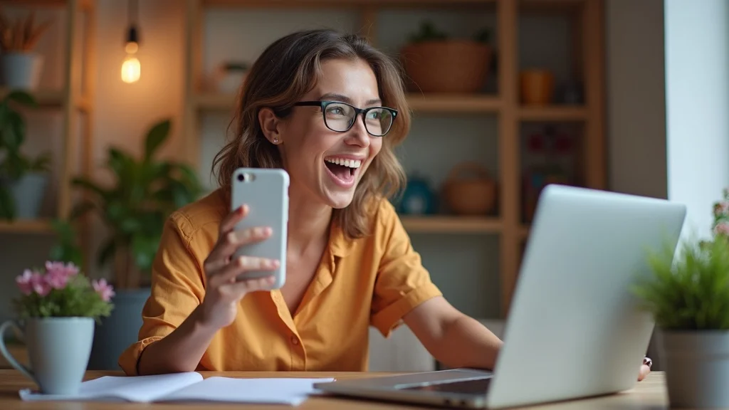 Smiling woman in glasses holding smartphone while engaging with laptop, illustrating the importance of consistent content creation for startup growth.