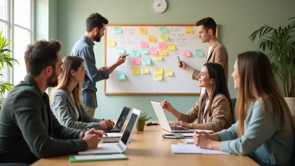 Startup founders collaborating in a workshop, implementing startup branding tips using storytelling and team alignment strategies