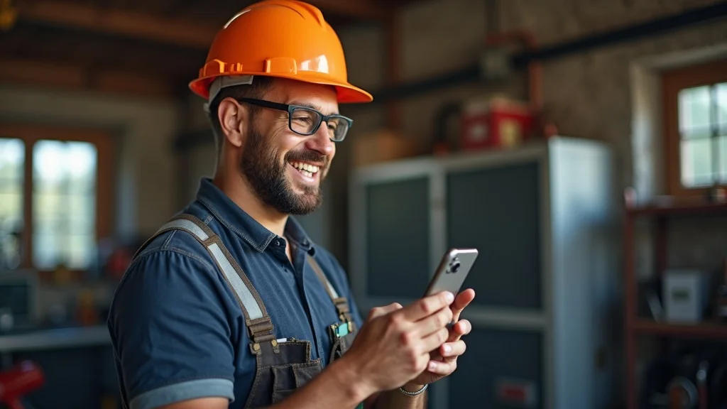 Smiling contractor wearing an orange hard hat and glasses, using a smartphone in a workshop, illustrating the importance of digital engagement in home service SEO marketing.
