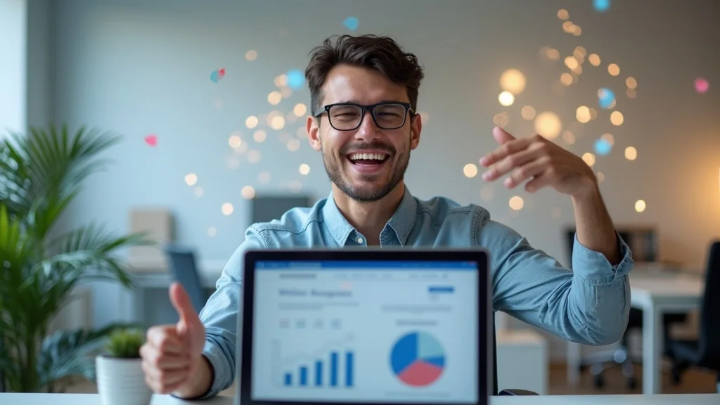 Smiling man gesturing positively in a modern office setting, with a laptop displaying growth charts and graphs, symbolizing startup success and effective content strategy.