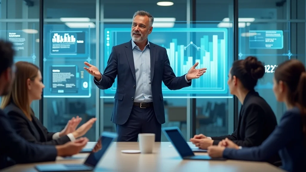 Business presentation with a speaker gesturing towards digital graphs and data analysis, surrounded by attentive audience members in a modern conference room.