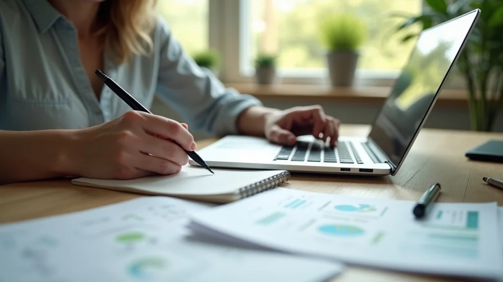Person writing notes while using a laptop, surrounded by documents with charts and graphs, illustrating content creation and analysis for SEO marketing strategies.
