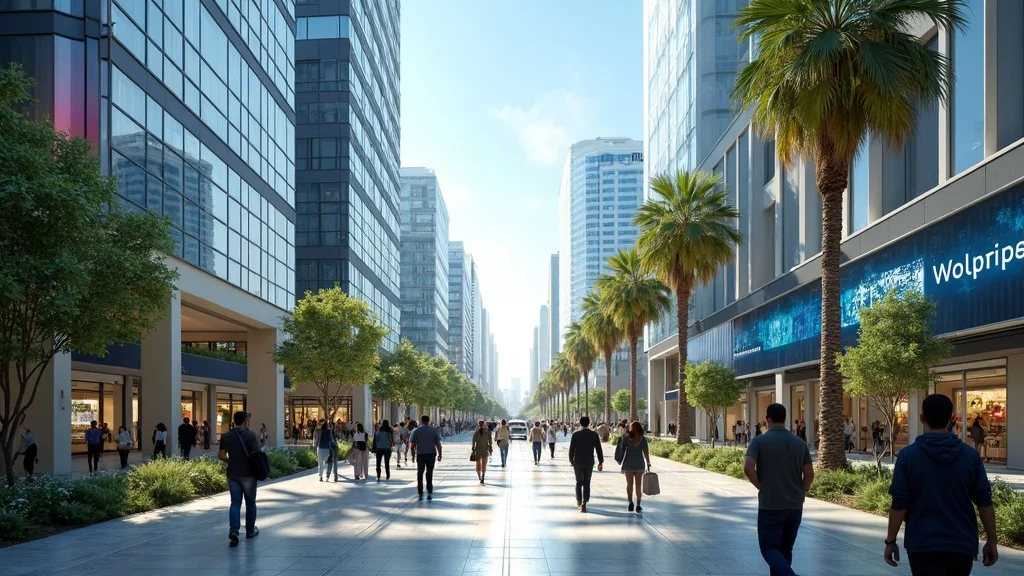 Modern urban street with palm trees, people walking, and high-rise buildings, reflecting innovation and growth in Orange County's startup ecosystem.