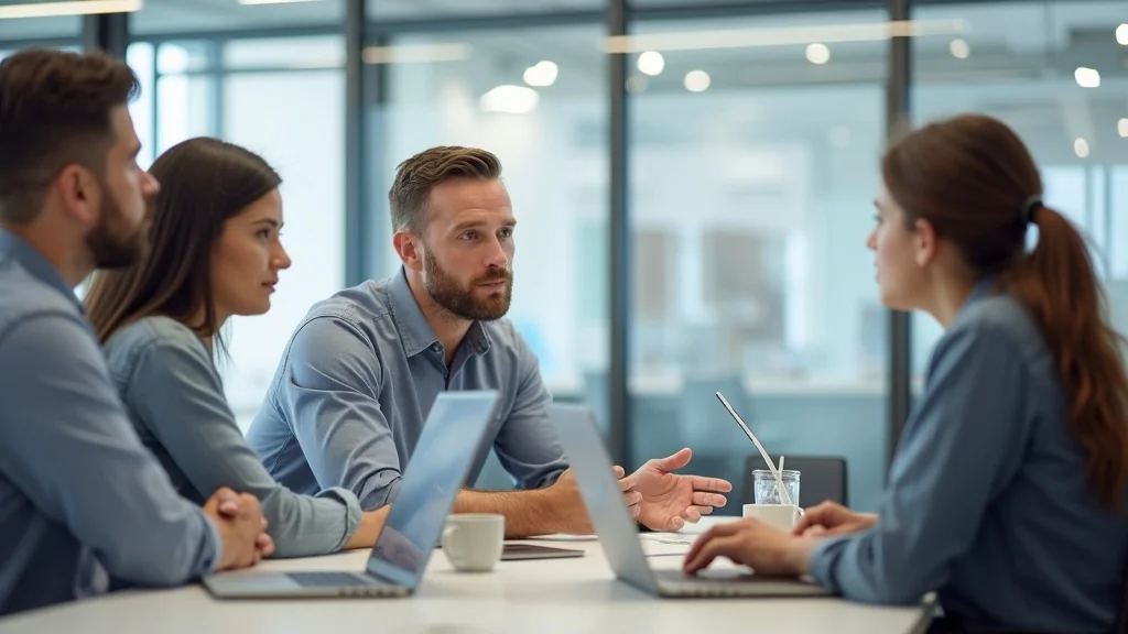 Group of professionals engaged in a discussion at a modern workspace, emphasizing collaboration and mentorship in the Orange County startup ecosystem.