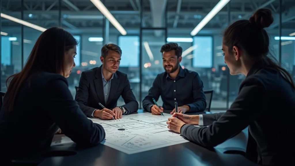 Group of professionals collaborating around a table with documents, discussing startup strategies and metrics for investor readiness.