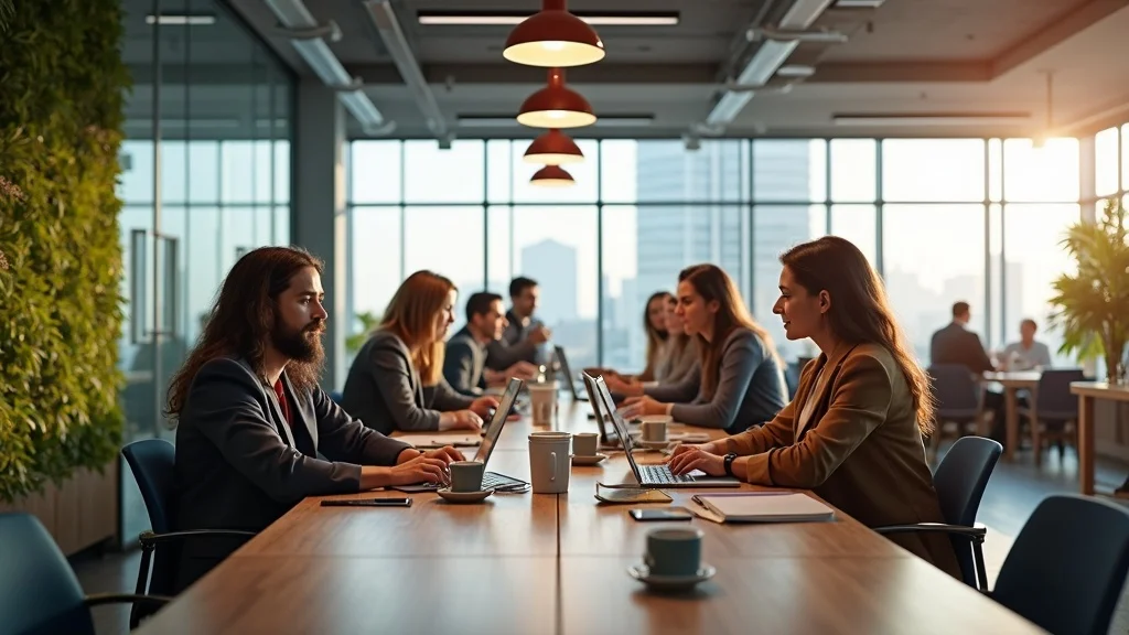 Co-working space with diverse professionals collaborating at a long table, laptops open, reflecting innovative startup culture in Orange County.