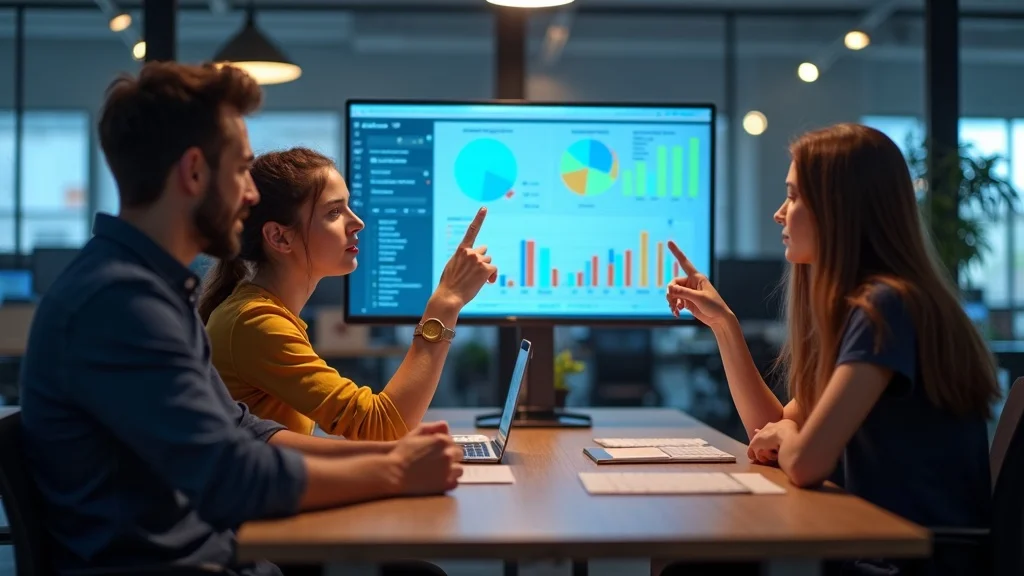 Startup customer support team analyzing churn rate data around digital display