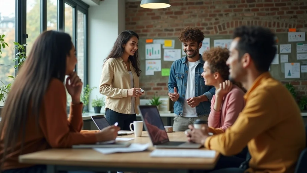 Diverse startup founders brainstorming, collaborating around data charts, emphasizing essential founder mindsets for startup growth strategies.