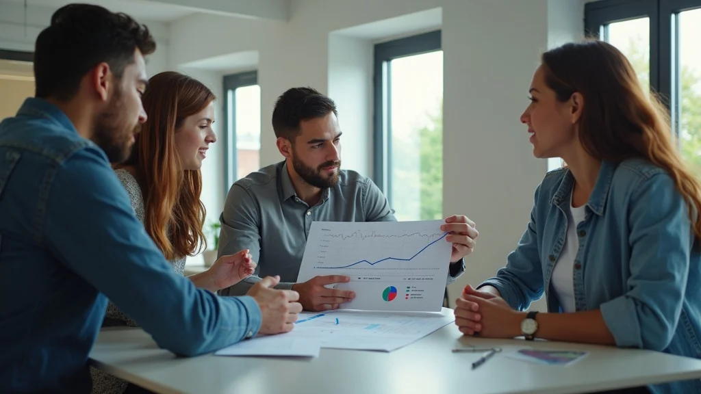 Group of four professionals discussing startup metrics, analyzing a chart showing growth trends and performance indicators, emphasizing customer retention and acquisition strategies.
