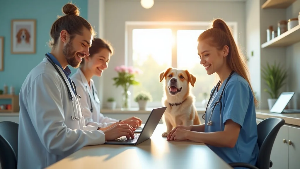 WhiskerCloud, VetTech team with tablets in modern veterinary clinic, pet care innovation, Orange County