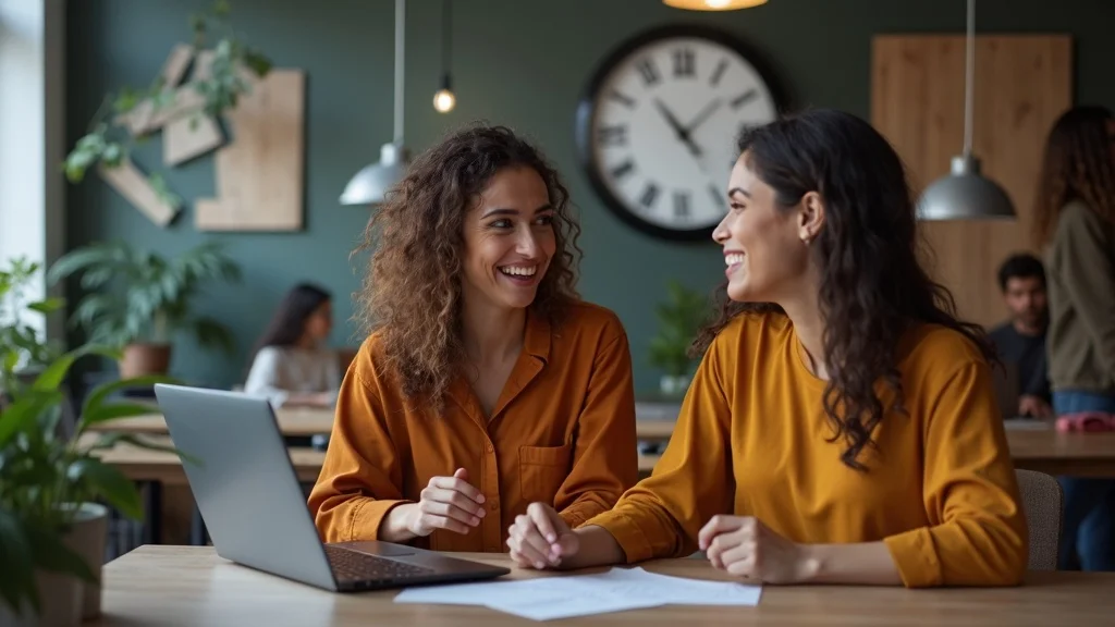 Two women in orange shirts smiling and engaging in conversation at a desk with a laptop, emphasizing collaboration and creativity in a modern workspace.