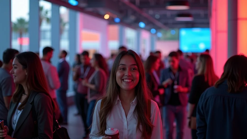 Smiling woman holding coffee cup in a vibrant networking event with attendees discussing AI adoption in tech startups.