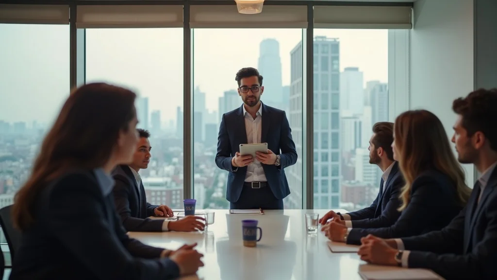 Confident startup founder pitching to investors, presenting data and conveying best practices for smart fundraising in 2025.