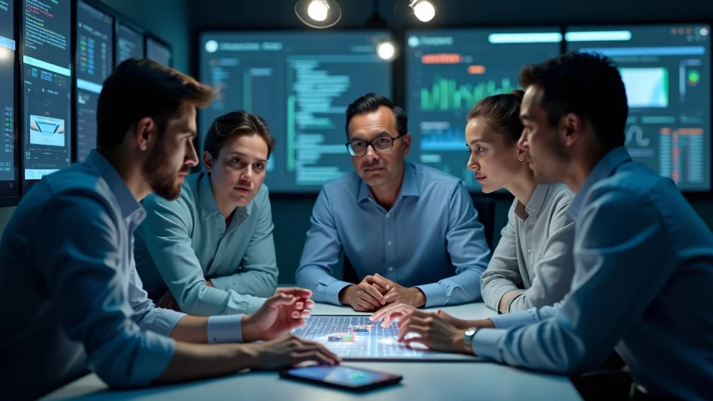 Team of professionals collaborating around a table with digital screens displaying data analytics, illustrating strategic planning and execution for software development at Arkotech LLC.