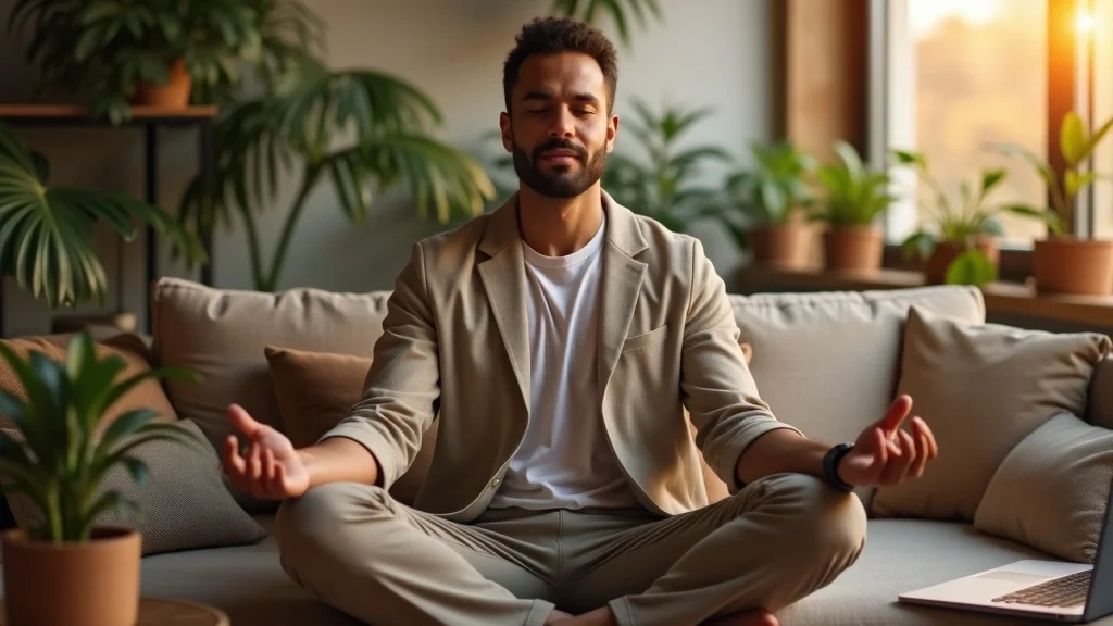 Startup founder practicing mindfulness, an essential element for sustainable growth in a scaling startups guide