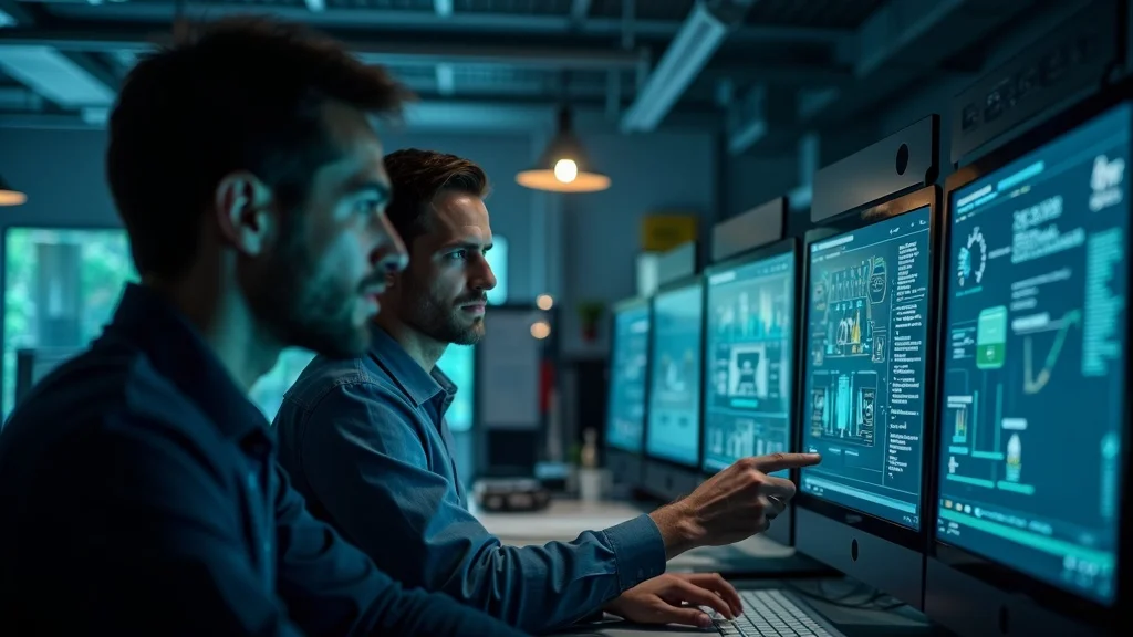 Two professionals analyzing data on multiple computer screens in a tech workspace, emphasizing AI integration and analytics for startups.