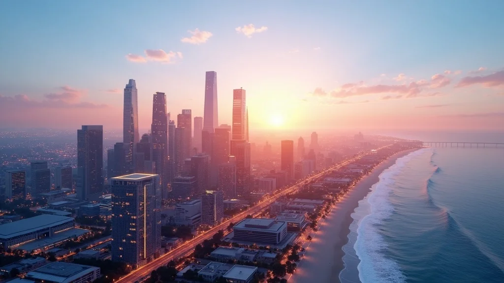 Sunrise over a coastal city skyline, showcasing modern skyscrapers, ocean waves, and a vibrant sky, reflecting the tech-driven landscape of Orange County's startup ecosystem.