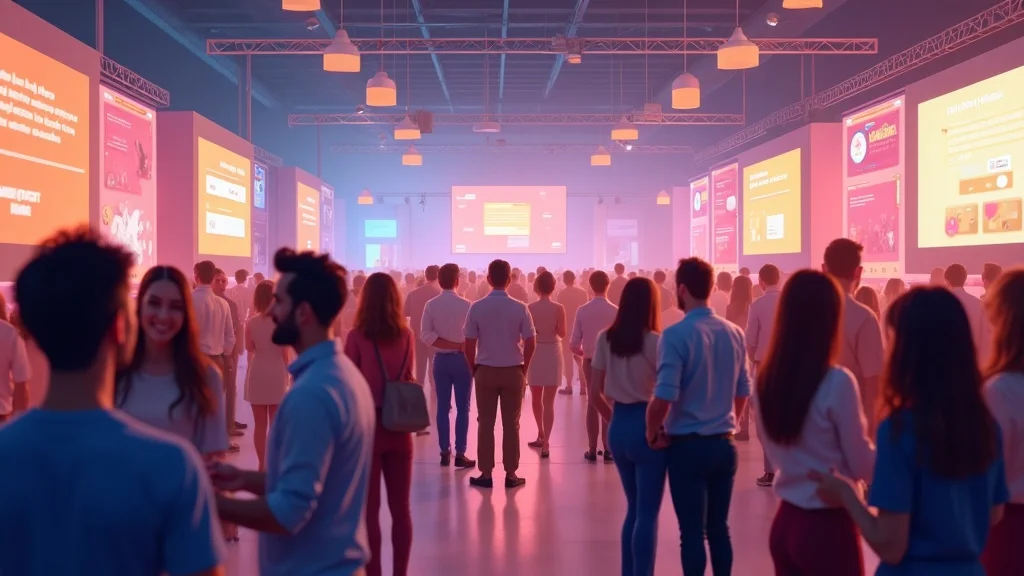 Crowd of attendees at a pitch competition event in a large hall, with colorful screens displaying information about startups and funding opportunities, highlighting the vibrant Orange County tech ecosystem.