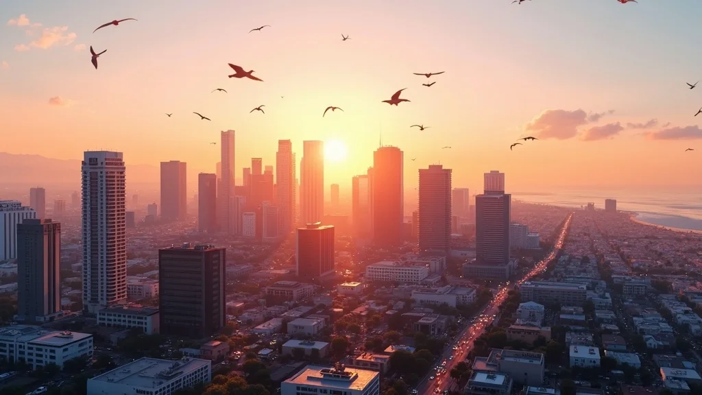 Sunset over a vibrant city skyline with high-rise buildings and birds flying, representing the tech innovation landscape in Southern California, particularly in Orange County.