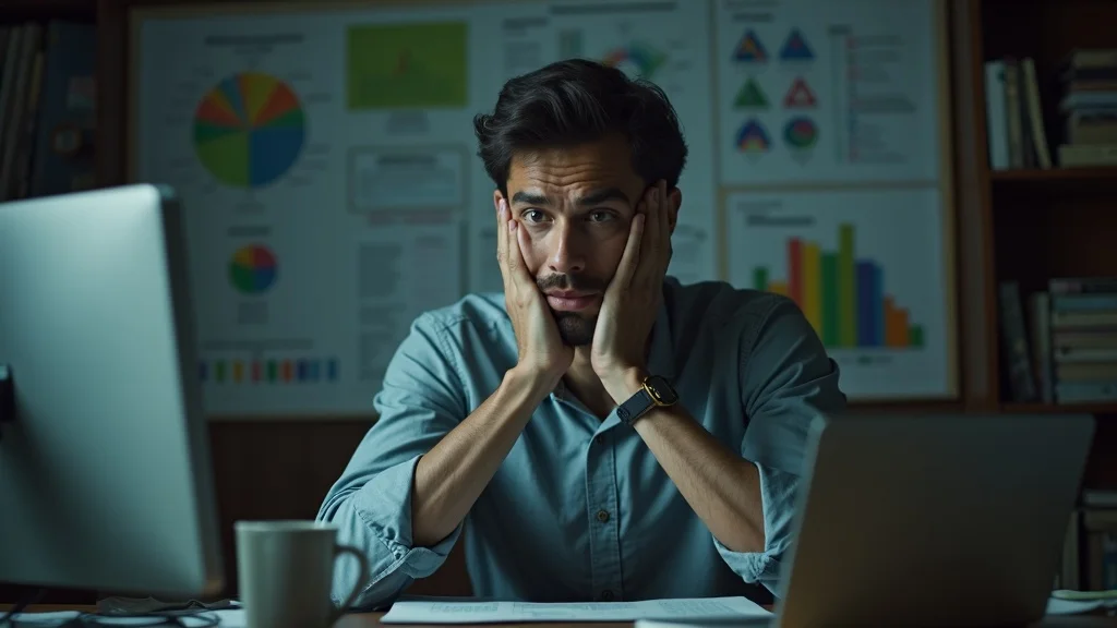 Founder leadership evolution - overwhelmed founder struggling with multiple tasks in cluttered office