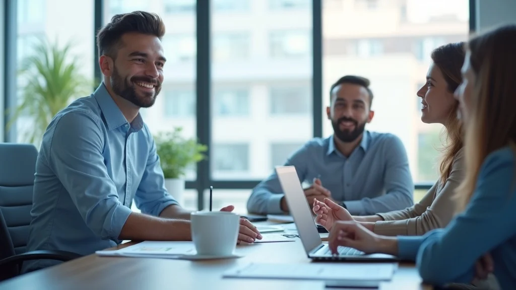Inspirational entrepreneur leading a team meeting in a modern startup office, founder at head of table presenting a growth plan, emphasizing founder best practices for startup growth.
