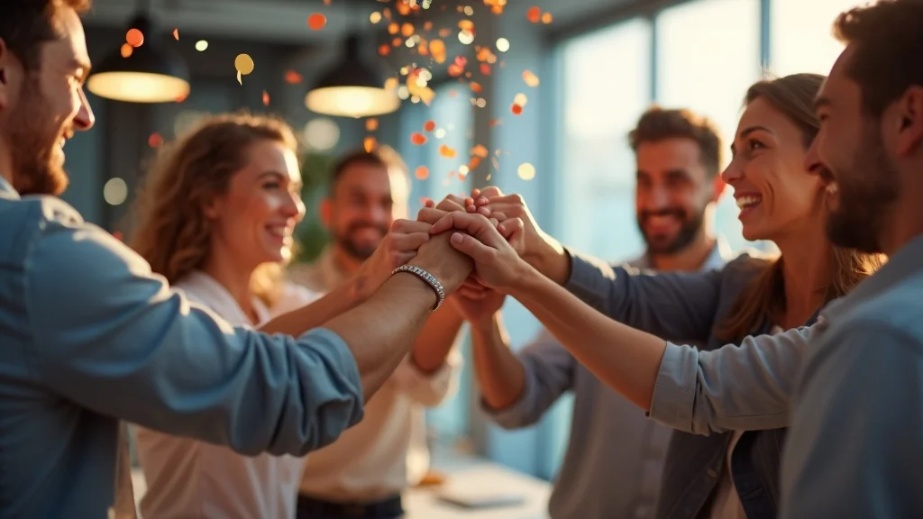 Inspirational Orange County fintech founders celebrating compliance success with a group fist bump, embodying the startup fintech compliance Orange County advantage