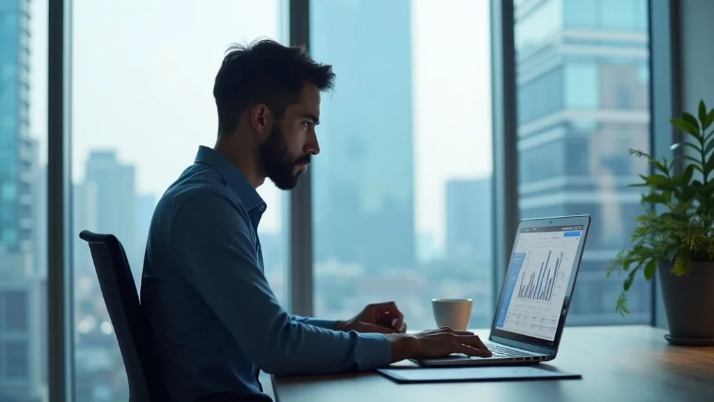 Focused startup founder reviewing projected financial charts in modern office