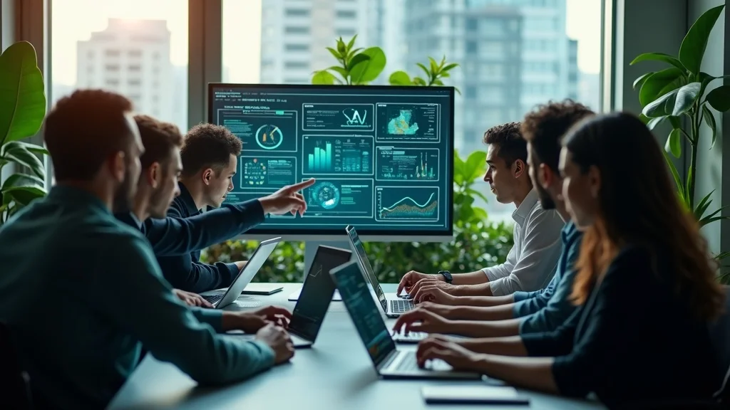 Tech startup team reviewing AI data analytics to assess product market fit in 2025