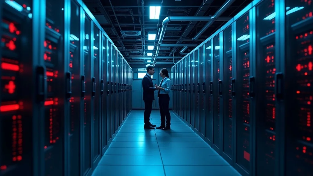 Two professionals discussing in a data center, surrounded by server racks with illuminated red indicators, emphasizing scalable technical infrastructure for AI-driven startups in Orange County.