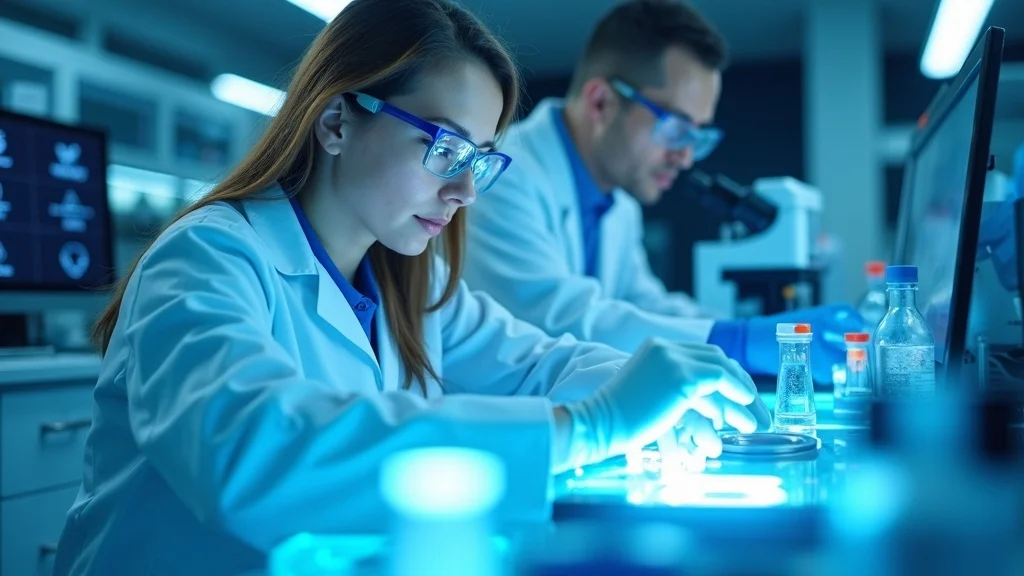 Laboratory scene featuring a female scientist in a lab coat and glasses, conducting research with glowing equipment, alongside a male colleague using a microscope, highlighting innovation in medtech and life sciences in Orange County.