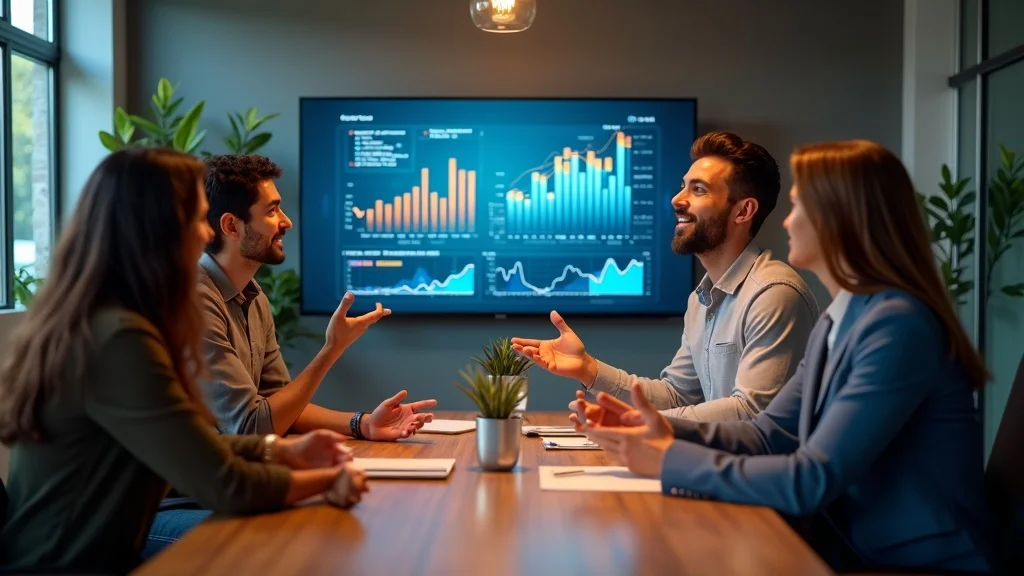 Group of diverse professionals discussing AI adoption strategies in a modern conference room, with a digital screen displaying analytics and growth charts related to startup performance and operational excellence.