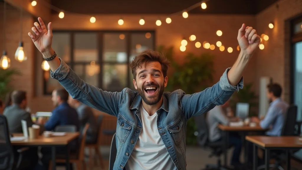 startup fundraising tips - confident founder celebrating team success in cozy branded office