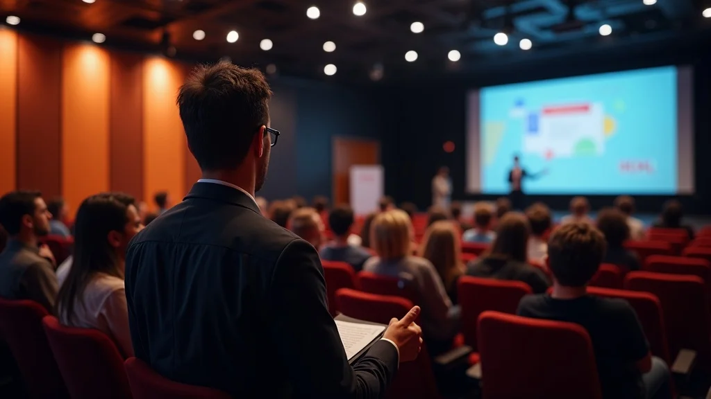 Audience attending a pitch event in a theater, with a speaker presenting on stage, highlighting Orange County's startup ecosystem and fundraising strategies.