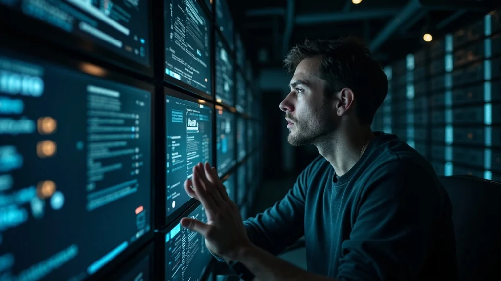 Man interacting with multiple screens displaying code and data analytics, illustrating challenges in AI integration for Orange County startups.