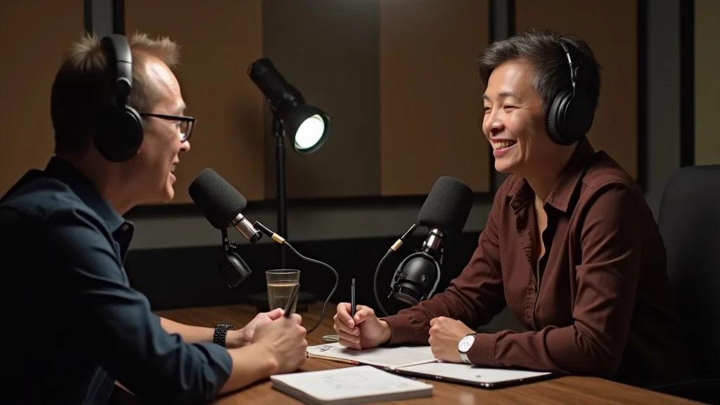 Professional interviewer and startup founder during expert Spotlight on Startups interview session—relaxed, collaborative, upscale recording studio.