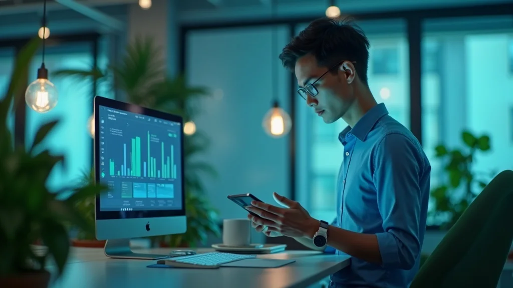Young professional analyzing data on smartphone and computer screen in modern office, emphasizing data-driven growth strategies for tech startups.