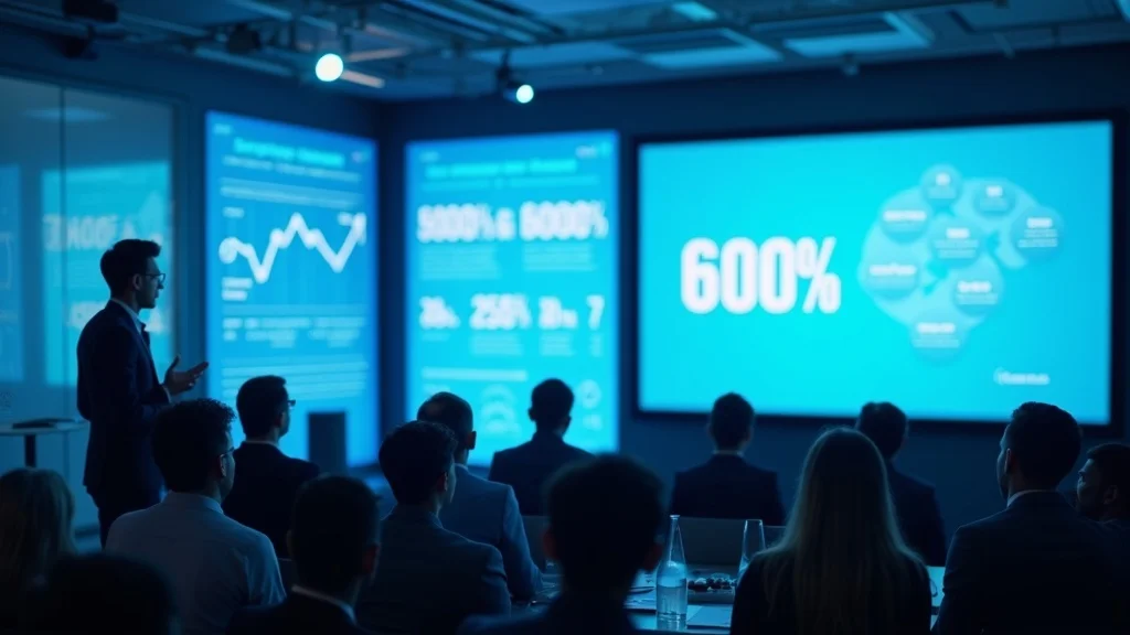 Professional presenter speaking to an audience in a dimly lit conference room, displaying data-driven visuals on large screens highlighting startup metrics and performance indicators, including a prominent "600%" statistic.