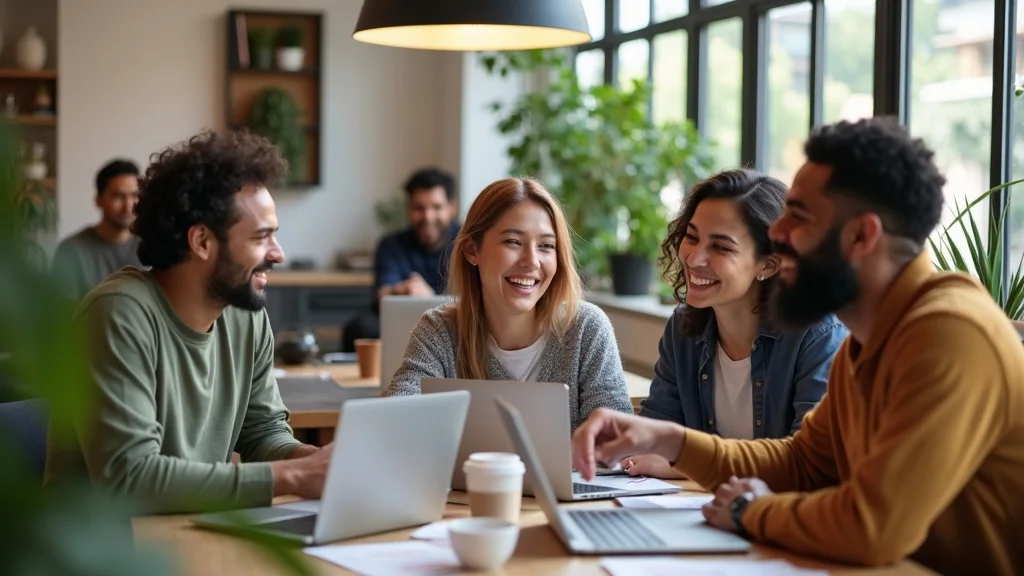 Group of diverse young professionals collaborating in a bright, modern workspace, smiling and engaging around laptops, reflecting the supportive culture of Orange County's tech startup ecosystem.