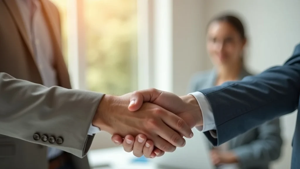 startup fundraising tips - investor and founder handshake, collaborative, positive, shared vision in modern office