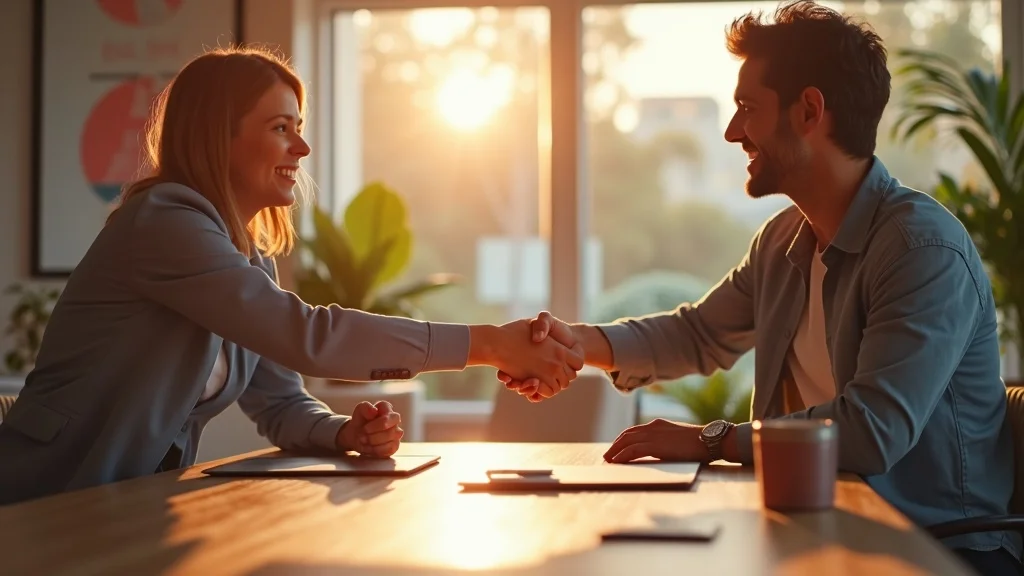 Professional handshake between a man and woman in a modern office setting, symbolizing collaboration and partnership in the Orange County startup ecosystem.